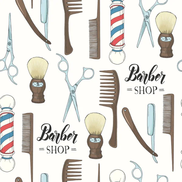 Renkli el yapımı jilet, makas, tıraş fırçası, tarak, siyaha klasik berber dükkanı direği. Robot resim. Mektup. Duvar kağıdı için, web sayfası arkaplanı