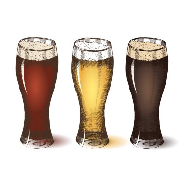 Beyazın üzerinde el yapımı bira izole edilmiş. Fast food menüsü için moda. El yapımı marul. Vektör nesnesi. Çizim, oyma. Bira festivali
