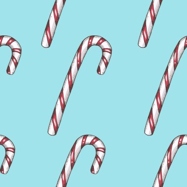 Elle çizilmiş lolipoplarla kusursuz desen. Güzel Noel geçmişi. Yemek tasarımı Mutlu Noeller ve mutlu yıllar. Vintage desen duvar kağıdı, web sayfası arkaplanı ve yüzey dokuları için kullanılabilir