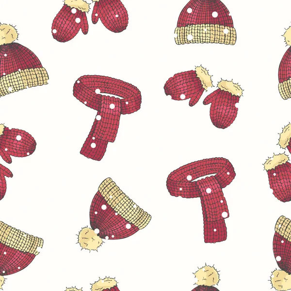 Vector Christmas pattern of Hand drawn colored hat, scarf and mittens in a sketch style. Merry Christmas and Happy New Year.Pattern can be used for wallpaper, web page background, surface textures.