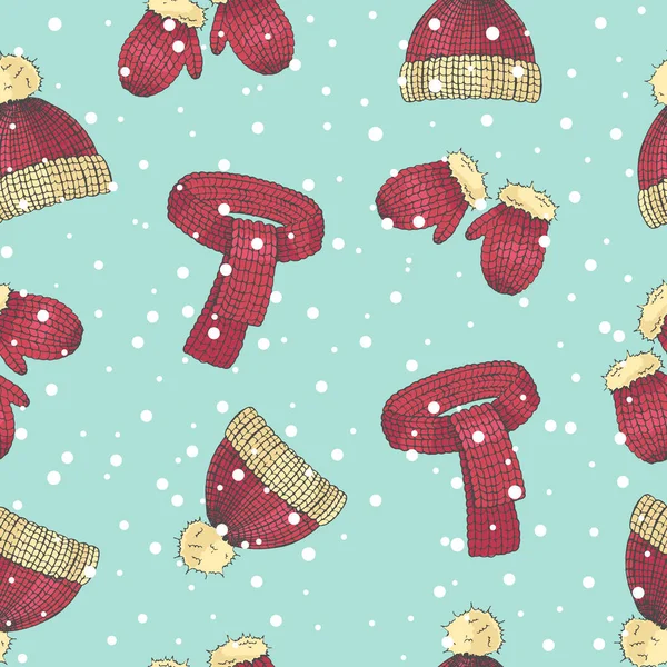 Vector Christmas pattern of Hand drawn colored hat, scarf and mittens in a sketch style. Merry Christmas and Happy New Year.Pattern can be used for wallpaper, web page background, surface textures.