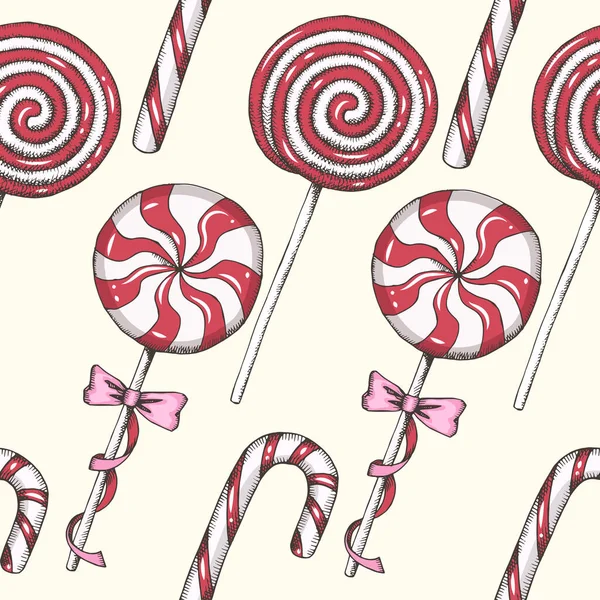 Süßes Muster Mit Handgezeichneten Roten Und Rosa Lutschern Nahtloser Hintergrund — Stockvektor