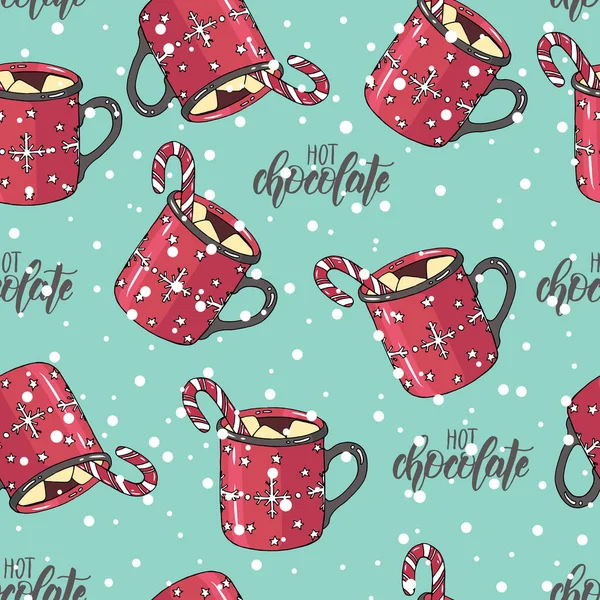 Nahtloses Weihnachtsmuster Mit Handgezeichneter Farbiger Tasse Heißer Schokolade Mit Marshmallow — Stockvektor