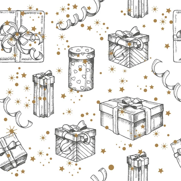 Nahtloses Muster Mit Handgezeichneten Set Von Geschenken Und Paketen Und — Stockvektor