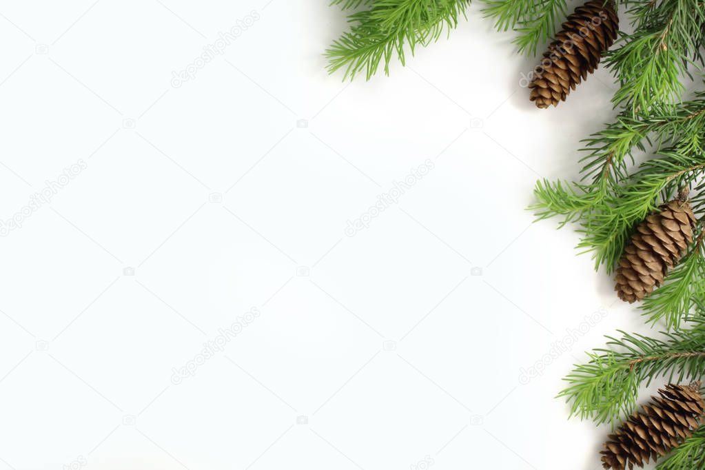 Christmas composition. Christmas border of fir branches fir cone. Christmas Wallpaper. Flat position.