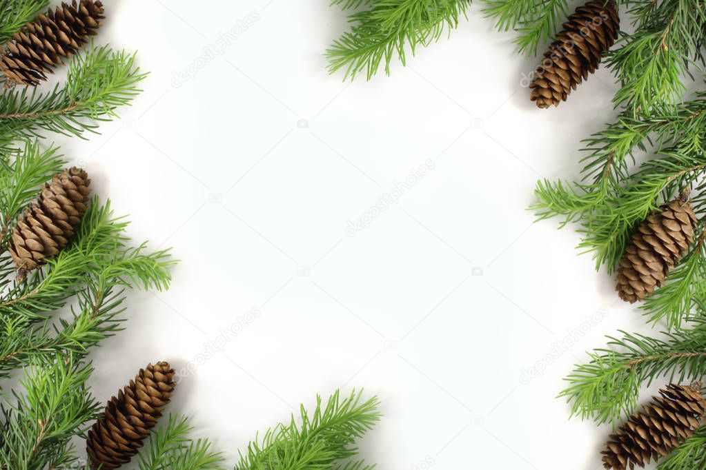 Christmas composition. Christmas frame of fir branches fir cone. Christmas Wallpaper. Flat position.