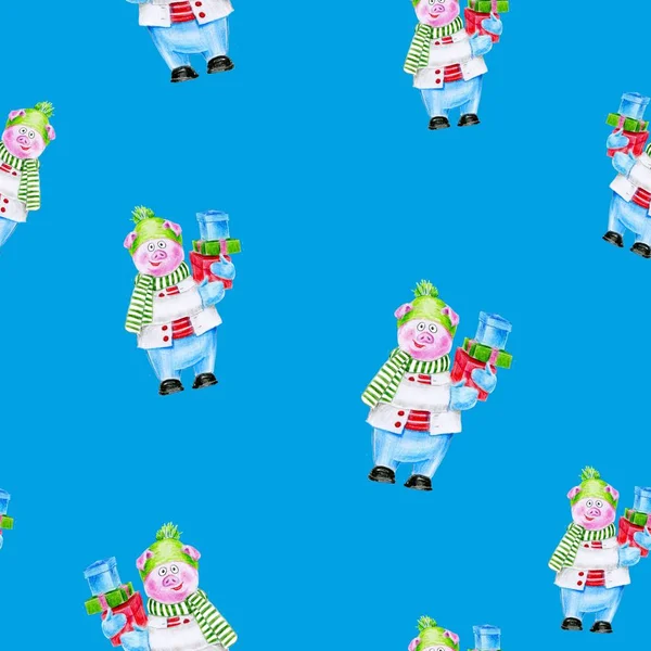 Piggy aquarela de Natal com presentes. Símbolo do ano 2019, ele pode ser usado como um pôster, cartão de Natal, convite e impressão de t-shirt padrão sem costura . — Fotografia de Stock
