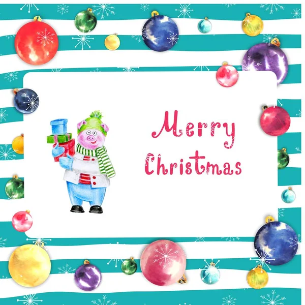 Christmas frame with colorful balloonsand pig on blue striped background. — Stock Photo, Image