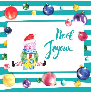 Balonlar ve domuz mavi çizgili arka plan üzerinde Noel çerçeve