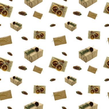 Noel kutuları ile sorunsuz arka plan. Kraft kağıt hediye kutuları.