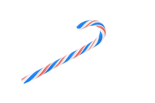 Різдвяна цукеркова тростина з синім бантом ізольована на білому тлі . — стокове фото