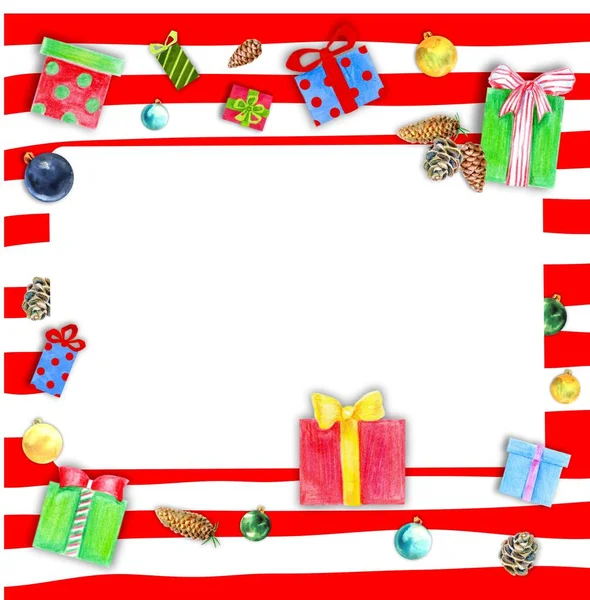 Kerst frame met geschenkdozen op rode gestreepte achtergrond. — Stockfoto