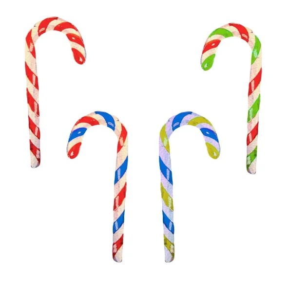 Beyaz arka plan üzerinde izole kırmızı, mavi ve yeşil fiyonklu suluboya Noel Candy cane kümesi. — Stok fotoğraf