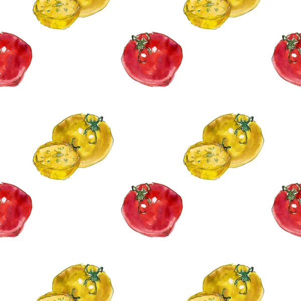 Naadloze patroon met tomaat. Verse biologische voeding. Set van verschillende soorten tomaten: oranje en rode kleuren. Eenvoudige schilderij schets. — Stockfoto