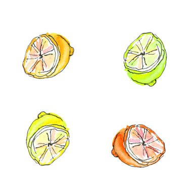 Suluboya kümesi kireç boyalı. Beyaz arka plan üzerinde izole elle çizilmiş gıda tasarım öğeleri