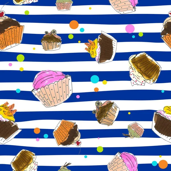 Seamless watercolor background with cupcakes on stripes. Raster illustration can be used for fabric or shell — Stock Photo, Image