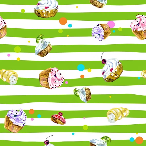 Seamless watercolor background with cupcakes on stripes. — Stock Photo, Image