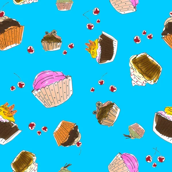 Seamless watercolor background with cupcakes. Raster illustration can be used for fabric or shell. — Stock Photo, Image