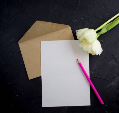 Boş beyaz kartpostal ilanı. Kalem ve lalelerden oluşan zarf kraft. Düz yatıyordu.