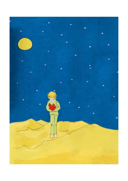 Raster illustration of a little Prince in the desert with fox — Stock Photo, Image