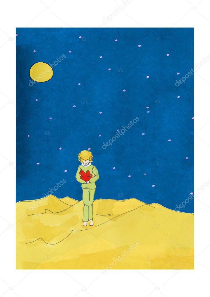 Raster illustration of a little Prince in the desert with fox