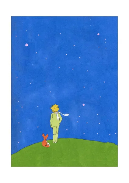 Raster illustration of a little Prince i with fox — Stock Photo, Image