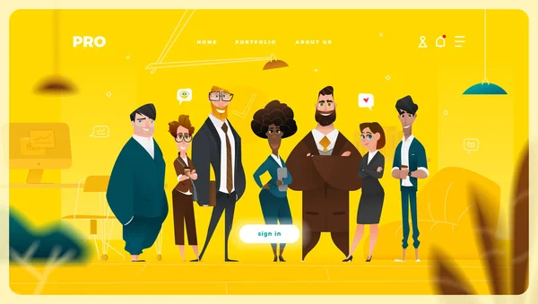 Web Design Página Principal Com Personagens Desenhos Animados Negócios Estilo — Vetor de Stock