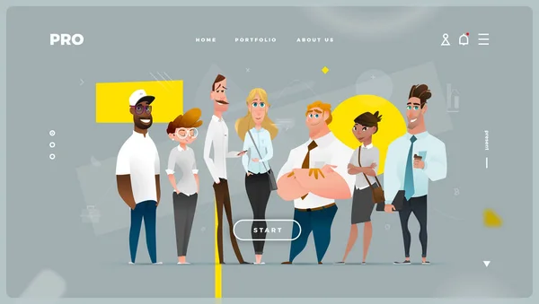 Web Design Página Principal Com Personagens Desenhos Animados Negócios Estilo —  Vetores de Stock