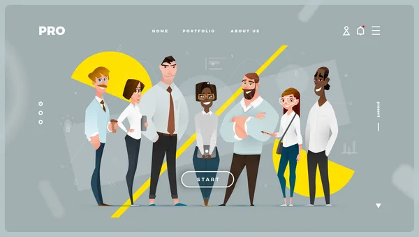 Web Design Página Principal Com Personagens Desenhos Animados Negócios Estilo — Vetor de Stock