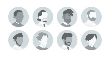 Vector set of diverse male business avatar placeholders in circular frames, without facial features. Includes various hairstyles, beards, and ethnic types for profile or app use.