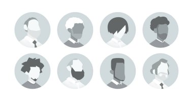 Vector set of diverse male business avatar placeholders in circular frames, without facial features. Includes various hairstyles, beards, and ethnic types for profile or app use.