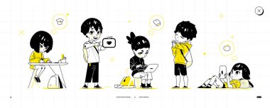 Masada yazan bir kız, tableti gösteren bir oğlan dizüstü bilgisayarlı bir kız, esneme hareketleri yapan bir oğlan ve tabletle yerde yatan meraklı bir kız. Vektör sanatı. Vektör illüstrasyonu