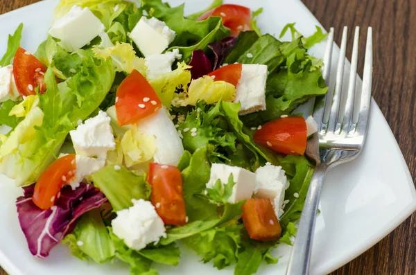 Diätsalat Mit Tomaten Und Feta Auf Einem Teller — Stockfoto
