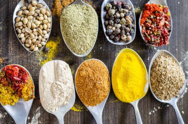 farklı baharat ve kaşık baharat seti