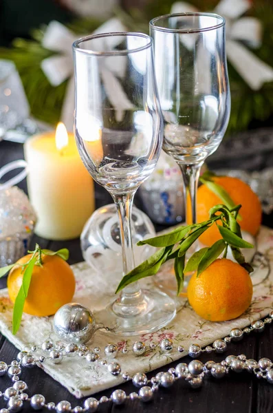 新年庆祝桌与香槟面包店 — 图库照片