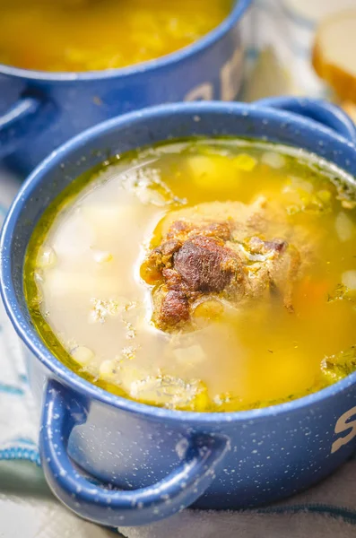 Sopa Caseira Fresca Quente Com Carne Tureen Azul — Fotografia de Stock