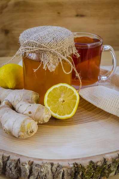 Mel Gengibre Limão São Ingredientes Naturais Para Chá Frio — Fotografia de Stock