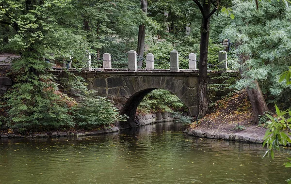 Πέτρινη Γέφυρα Στον Ποταμό Φθινόπωρο Στο Πάρκο — Φωτογραφία Αρχείου
