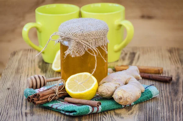 Miel Jengibre Canela Limón Son Ingredientes Naturales Para Frío — Foto de Stock