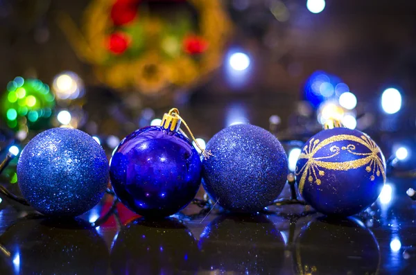 Fondo Navidad Luces Guirnalda Juguetes Vacaciones Azul — Foto de Stock