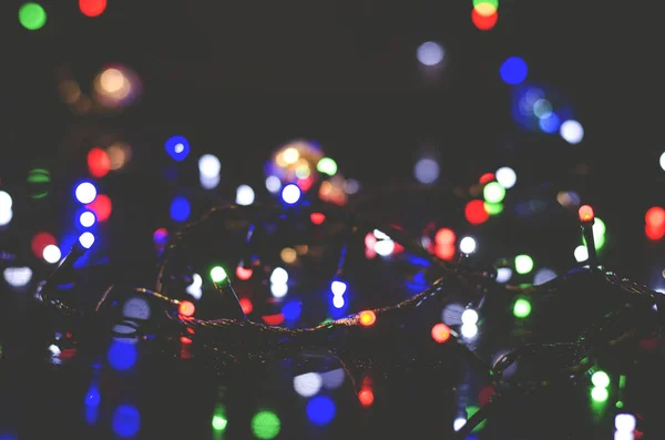 Christmas Background Garland Lights Holiday Toys Blue — Stock Photo, Image