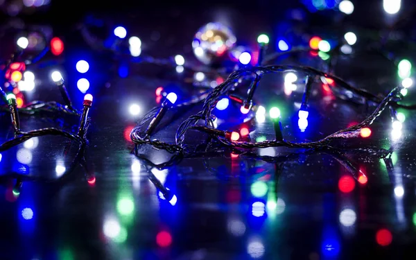 Kerstmis Achtergrond Garland Verlichting Speelgoed Van Vakantie Blauw — Stockfoto