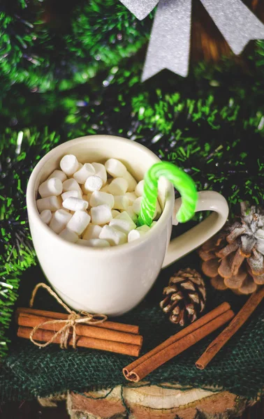 Cup Drink Marshmallows New Year Decorated Background — Stock Photo, Image