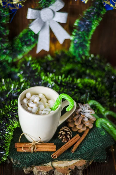 Cup Drink Marshmallows New Year Decorated Background — Stock Photo, Image