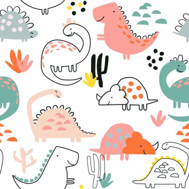 Kusursuz dinazor deseni, tişört, tekstil, ambalaj kağıdı, ağ baskısı. T-rex 'li orijinal tasarım, dinozor. Kızlar ve erkekler için hoş bir tasarım..