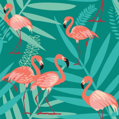 Flamingo Kuşu ve Tropikal Çiçekler Arkaplanı - Kusursuz desen