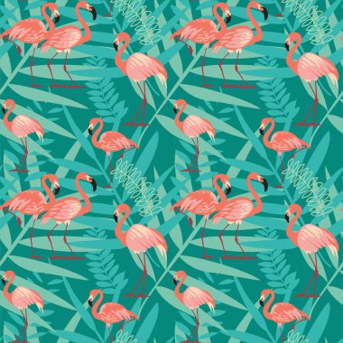 Pembe flamingolar, egzotik kuşlar, tropikal palmiye yaprakları, ağaçlar, orman yaprakları....