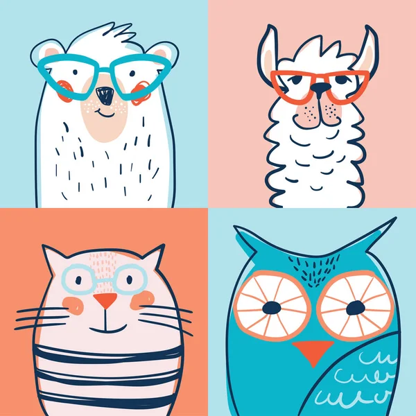 一组手绘了一些可爱的滑稽画像 其中有猫 猫头鹰 眼镜中的美洲驼 颜色背景上的孤立对象 儿童设计概念 — 图库照片