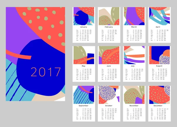 2017年アートハンドドローカレンダー 12ヶ月だ 週は日曜日から始まる 編集可能で拡張性があります 12ドアのパターン 週は日曜日から始まる 抽象的なアートパターンを持つテンプレート — ストック写真