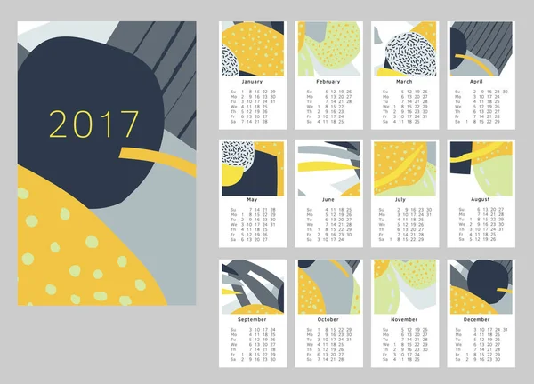 2017 Umělecký Ručně Kreslený Kalendář Sada Měsíců Týden Začíná Neděli — Stock fotografie